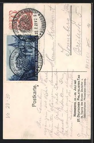 AK Nürnberg, 27. Deutscher Philatelistentag 22.-25.07.1921, Postkutsche, Ganzsache