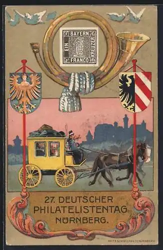 AK Nürnberg, 27. Deutscher Philatelistentag 22.-25.07.1921, Postkutsche, Posthorn, Ganzsache