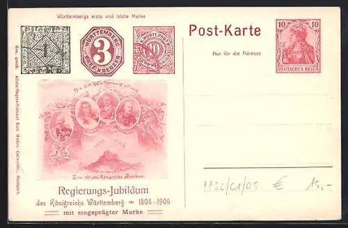 AK Regierungs-Jubiläum des Königreichs Württemberg, 1806-1906, Briefmarken, Ganzsache 10 Pfennig