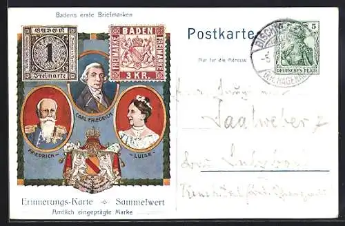 AK Grossherzog Friedrich von Baden, Carl Friedrich, Badens erste Briefmarken, Ganzsache 5 Pfennig