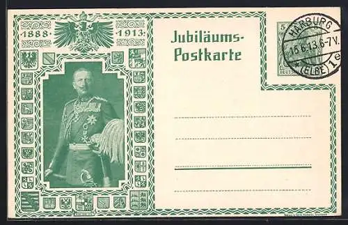 AK Kaiser Wilhelm II. in Uniform, Jubiläum 1913, Ganzsache 5 Pfennig