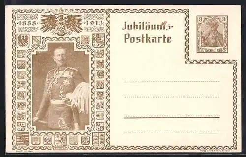 AK Kaiser Wilhelm II. in Uniform, Jubiläum 1913, Ganzsache 3 Pfennig