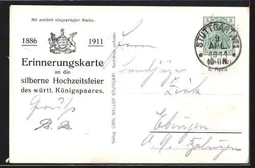 AK Jubiläumskarte 1886-1911, zur silbernen Hochzeitsfeier des württembergischen Königspaares, Ganzsache 5 Pfennig