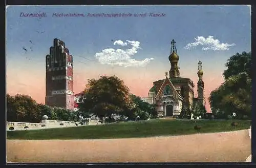 AK Darmstadt, Hochzeitshaus, Ausstellungsgebäude und russ. Kapelle