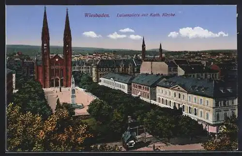 AK Wiesbaden, Luisenplatz mit Katholischer Kirche