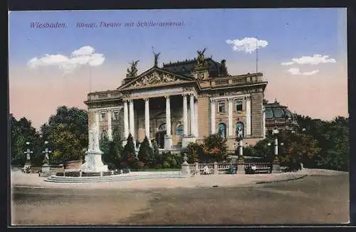 AK Wiesbaden, Königliches Theater mit Schillerdenkmal