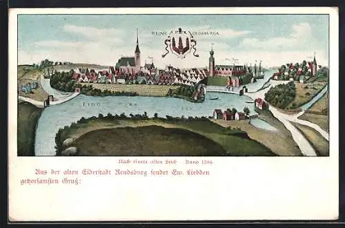 Künstler-AK Rendsburg, Ortsmotiv anno 1584, Stadtwappen