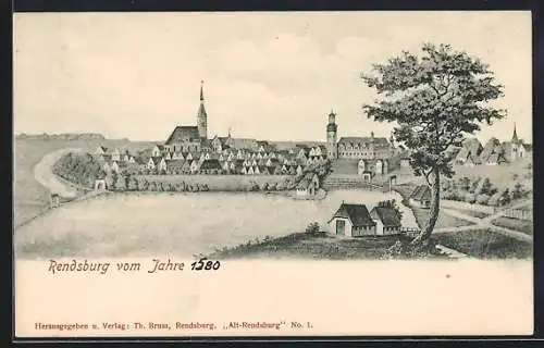 Lithographie Rendsburg, Teilansicht vom Jahre 1580