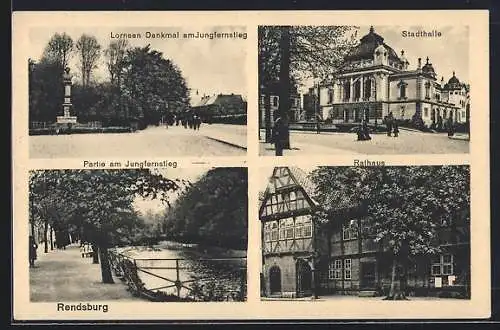 AK Rendsburg, Stadthalle, Rathaus, Lornsen-Denkmal am Jungfernstieg