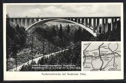 AK Stadtroda /Thür., Teufelsbrücke, Landkarte mit Gera, Weida und Jena