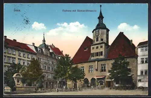 AK Jena, Rathaus mit Bismarckbrunnen