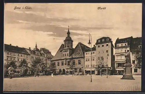 AK Jena i. Thür., Markt mit Geschäften und Denkmal