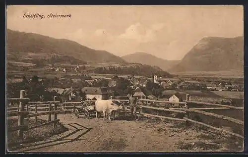 AK Scheifling, Ortsansicht mit Kirche und Talblick, Bauer mit Ochsenkarren