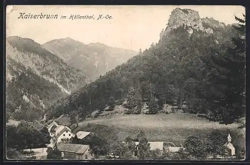 AK Kaiserbrunn im Höllenthal, Bergpanorma mit Kirche und Hütten