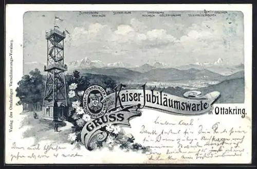 AK Ottakring, Kaiser-Jubiläumswarte mit Schneeberg und Rax-Alpe