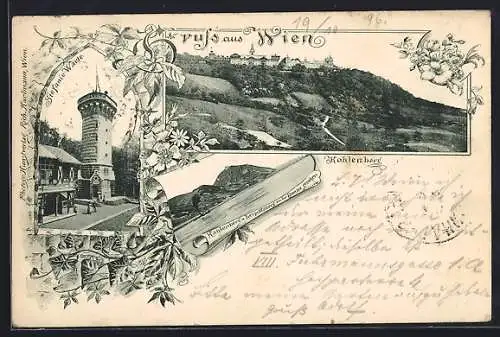 Lithographie Wien, Stefaniewarte auf dem Kahlenberg, Ortsansicht