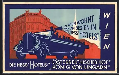 AK Wien, Hess` Hotel Österr. Hof, Fleischmarkt 10, Bus mit Touristen bei der Stadtrundfahrt