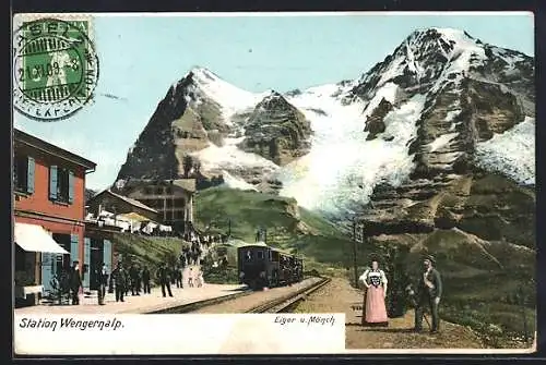 AK Wengernalp, Bergbahn an der Station Wengernalp, Blick auf Eiger und Mönch