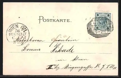 Lithographie Wien, Brigittabrücke mit Uferpartie und Turmgebäude