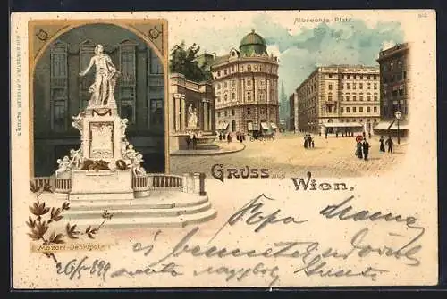 Lithographie Wien, Albrechts-Platz, Mozart-Denkmal mit Prägung