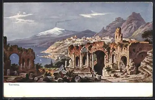 Künstler-AK Friedrich Perlberg: Taormina, in den Ruinen mit Blick zur Stadt