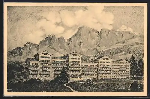 AK Karersee /Tiroler Dolomiten, Das Hotel mit Rosengartengruppe