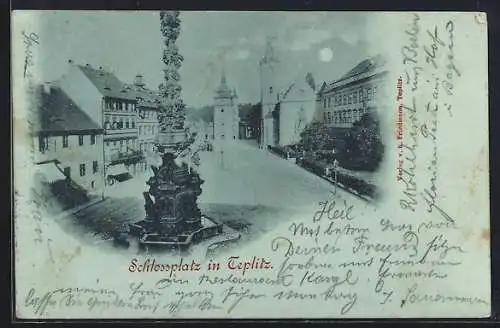 Mondschein-AK Teplitz, Schlossplatz mit Denkmal