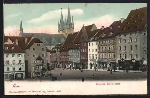 AK Eger, Unterer Marktplatz mit Apotheke und Geschäften