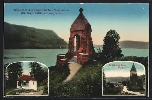 AK Morgarten, Denkmal der Schlacht bei Morgarten 1315 mit Aegerisee, Letziturm, Schlacht-Kapelle