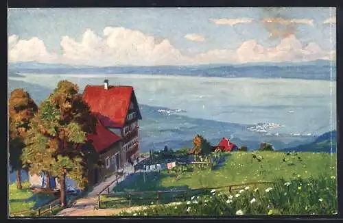 Künstler-AK sign. Paolo Kutscha: Vögelinsegg, Blick auf den Bodensee