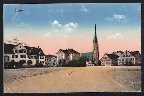 AK Amriswil, Strassenpartie mit Hotel-Restaurant zum Schafli und Kirche