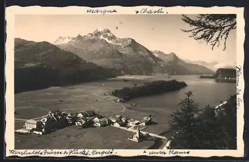 AK Sils, Blick von Platz auf Baselgia, Silser-See und Halbinsel Chastè