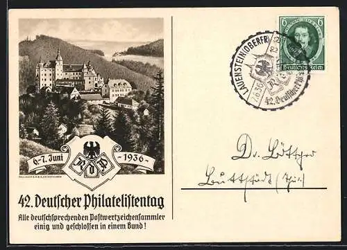 AK Lauenstein, 42. Deutscher Philatelistentag 6.6.-7.6. 1936, Blick auf Burg Lauenstein