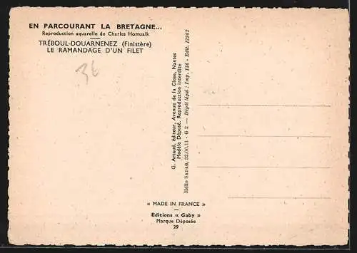 Künstler-AK Charles Homualk: Treboul-Douarnenez (Finistère), Le Ramandage d`un Filet, Fischer flicken ein Netz