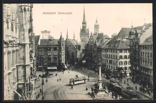 AK München, Marienplatz mit Strassenbahnen