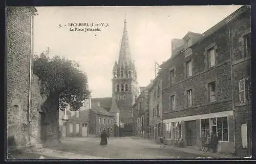 AK Bécherel, La Place Jehanin avec vue sur l`église et les maisons environnantes