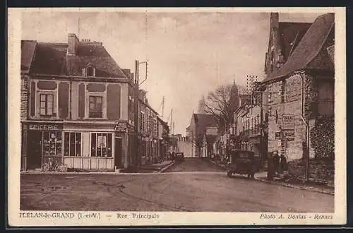 AK Plélan-le-Grand, Rue Principale avec épicerie et voitures anciennes