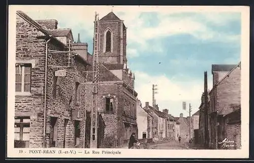 AK Pont-Réan, La Rue Principale avec église et maisons en pierre