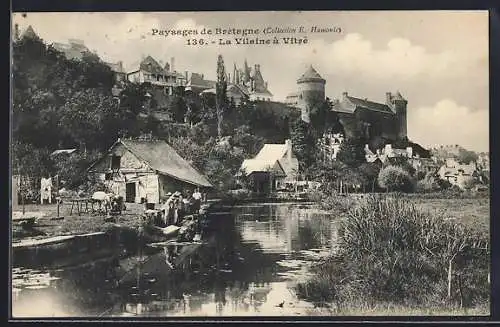 AK Vitré, La Vilaine et le château médiéval en arrière-plan