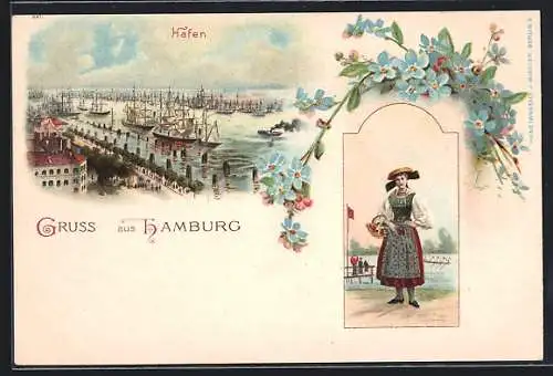 Lithographie Hamburg, Hafen und Dame in Tracht