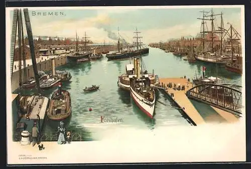 Lithographie Bremen, Schiffe und Boote im Freihafen