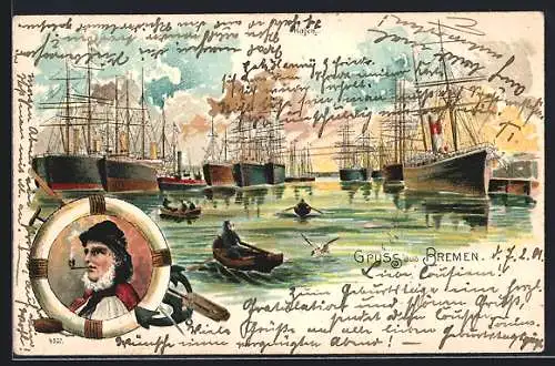 Lithographie Bremen, Hafen, Portrait eines Fischers