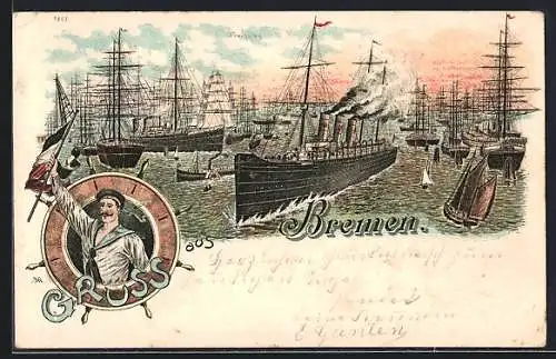 Lithographie Bremen, Hafen und Matrose mit Flagge