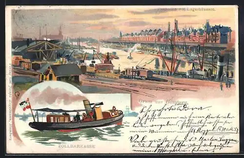 Lithographie Hamburg, Freihafen mit Lagerhäusern, Zollbarkasse