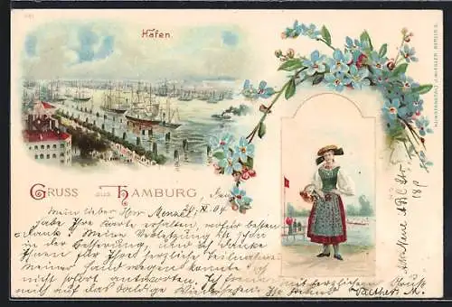 Lithographie Hamburg, Hafen, Segelschiffe, Vergissmeinnicht, Frau mit Korb