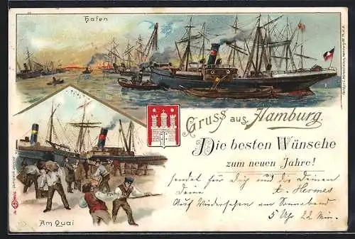 Lithographie Hamburg, Hafen mit Schiffen und Szene am Quai