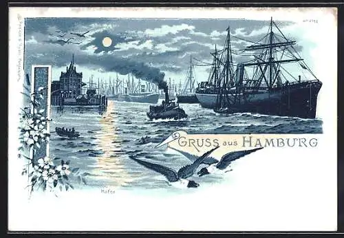 Lithographie Hamburg, Hafen mit Segelschiffen