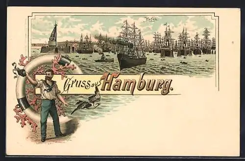 Lithographie Hamburg, Segler im Hafen und Matrose mit Möwe