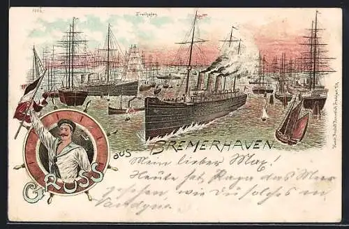 Lithographie Bremerhaven, Freihafen und Matrose