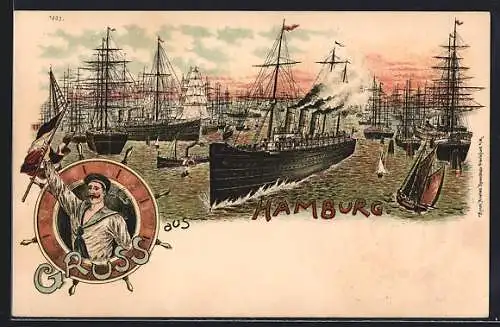 Lithographie Hamburg, Hafen und Matrose mit Flagge